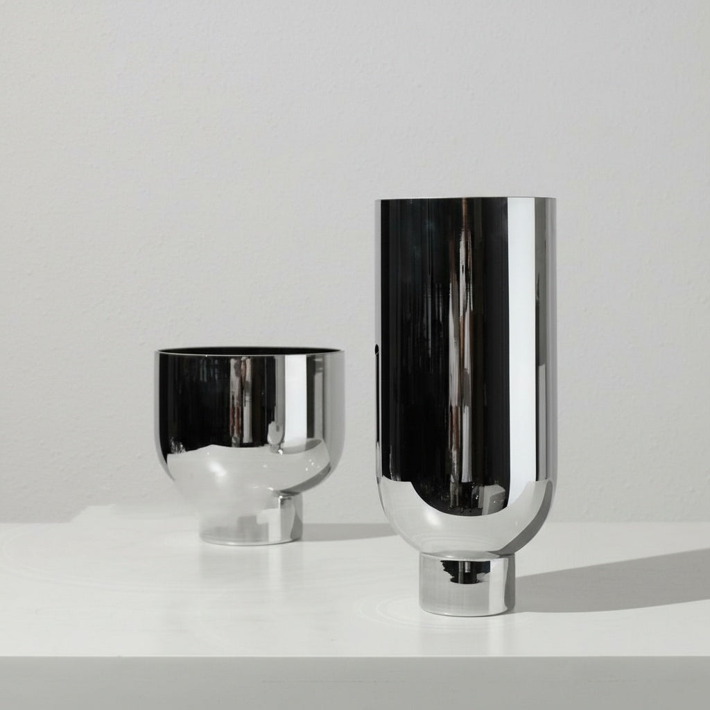 Silver chrome glass pedestal vase and bowl set