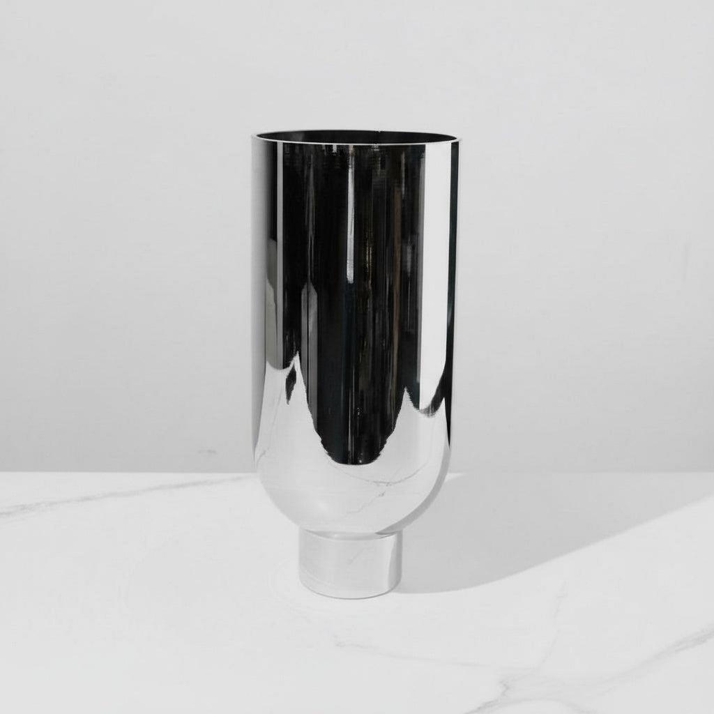 Tall silver mirrored glass pedestal vase