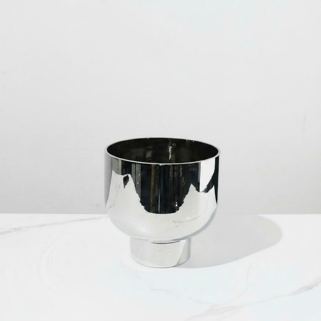 Wide silver chrome glass pedestal bowl vase