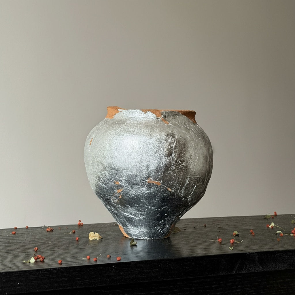Silver Finished Terracotta Vase resting on a dark wooden surface