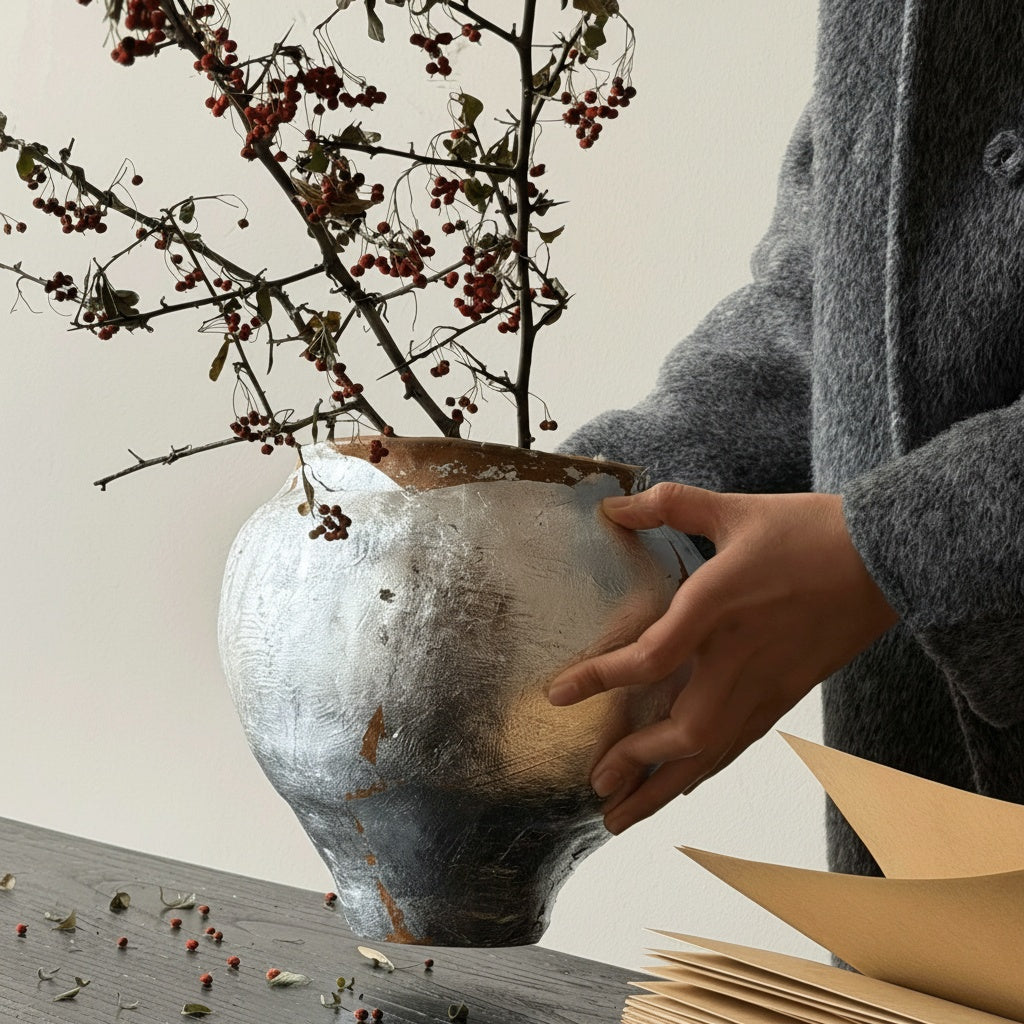 Person arranging dry branches in a Silver Finished Terracotta Vase