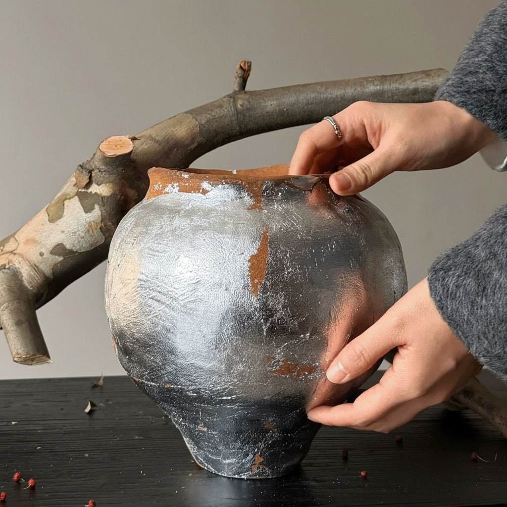 Hands placing a Silver Finished Terracotta Vase next to a wooden branch