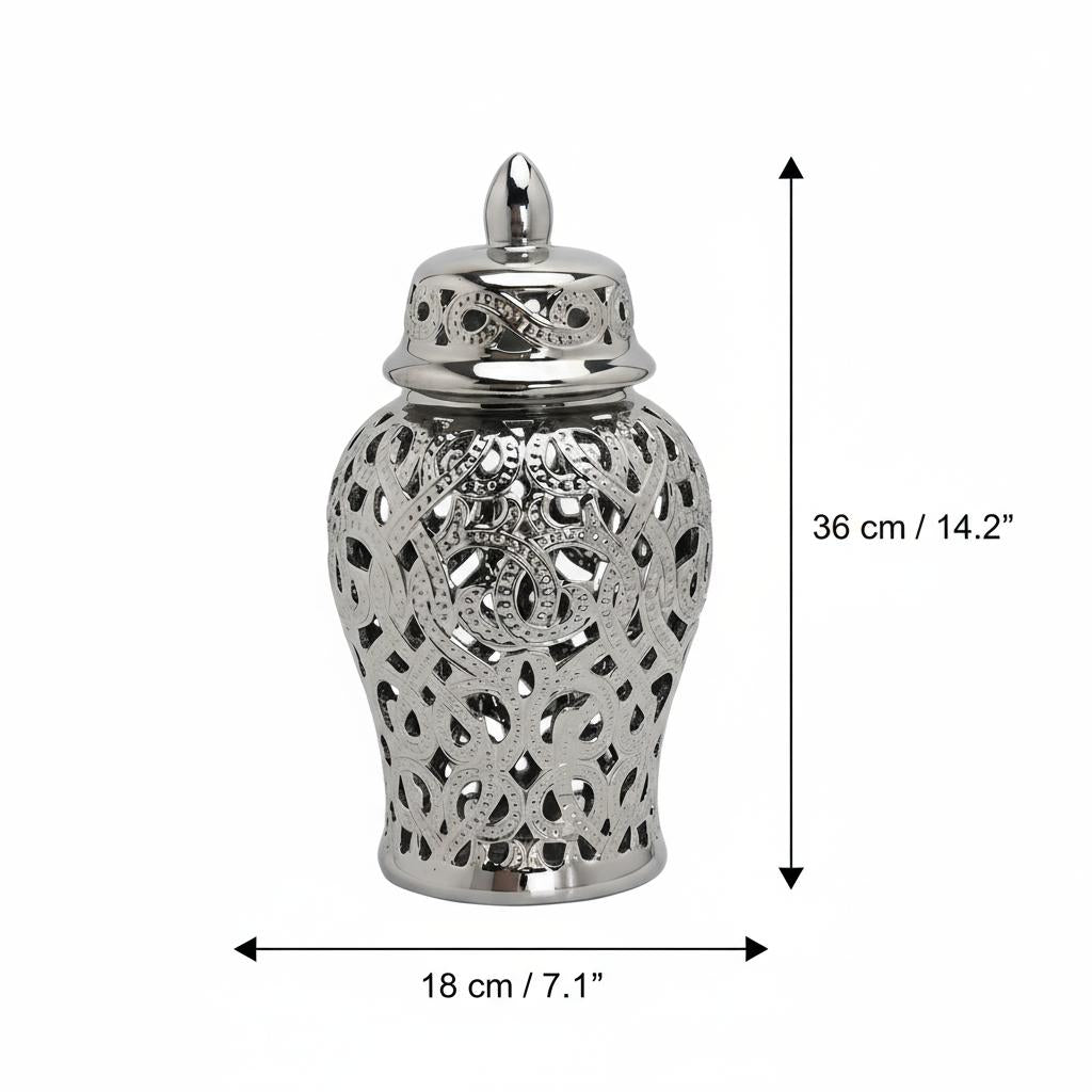 Silver metal ginger jar dimensions 36cm height