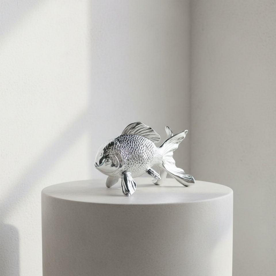 Side view of silver resin fish sculpture on coffee table books