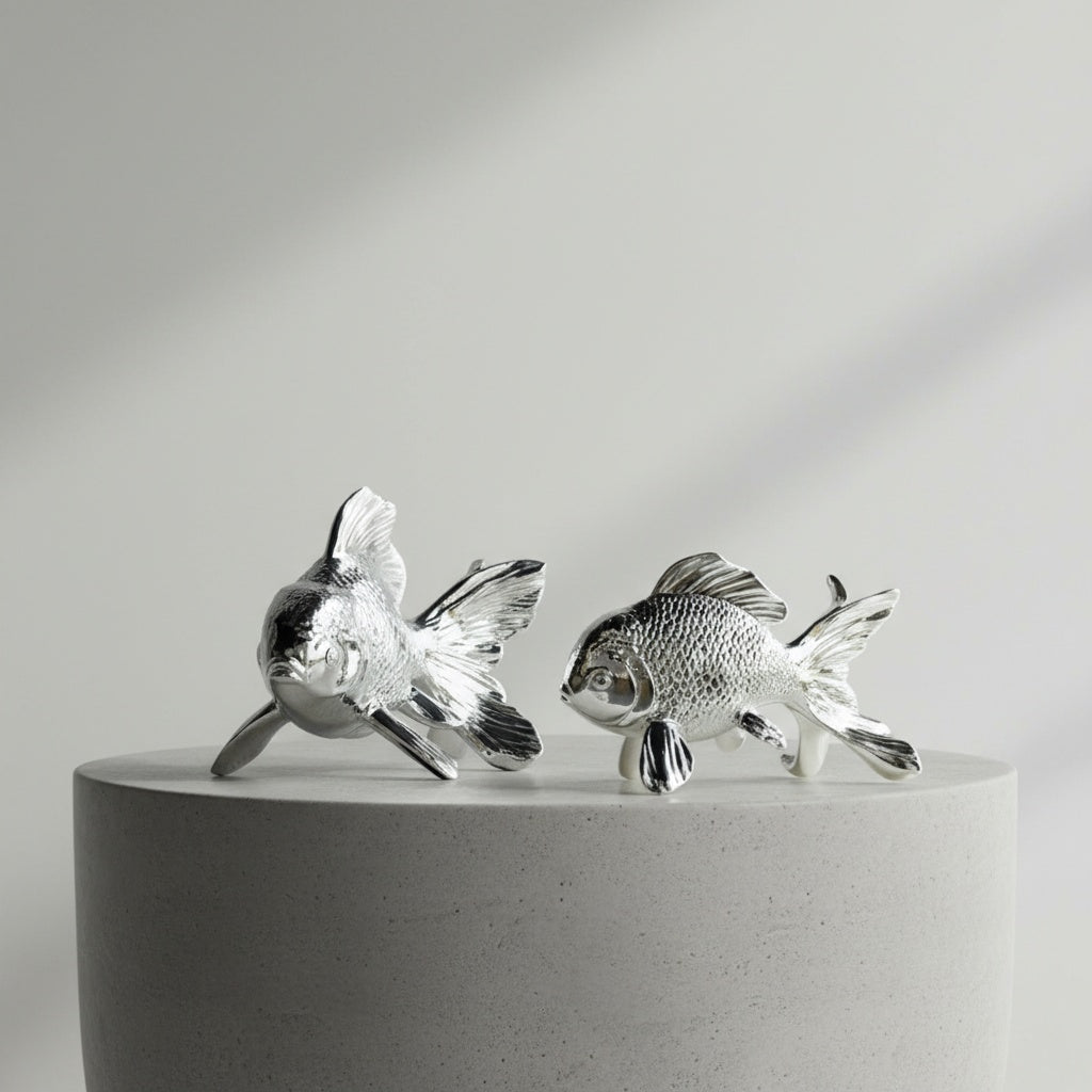 Two silver chrome finish fish figurines displayed on marble table