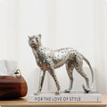 Silver finish resin leopard sculpture standing side view