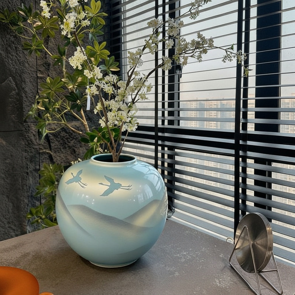 Detail of crane design on blue ceramic vase near window