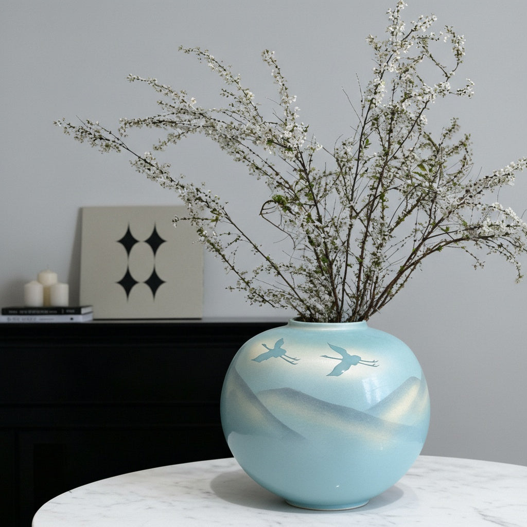 Front view of round blue ceramic vase with white flowers