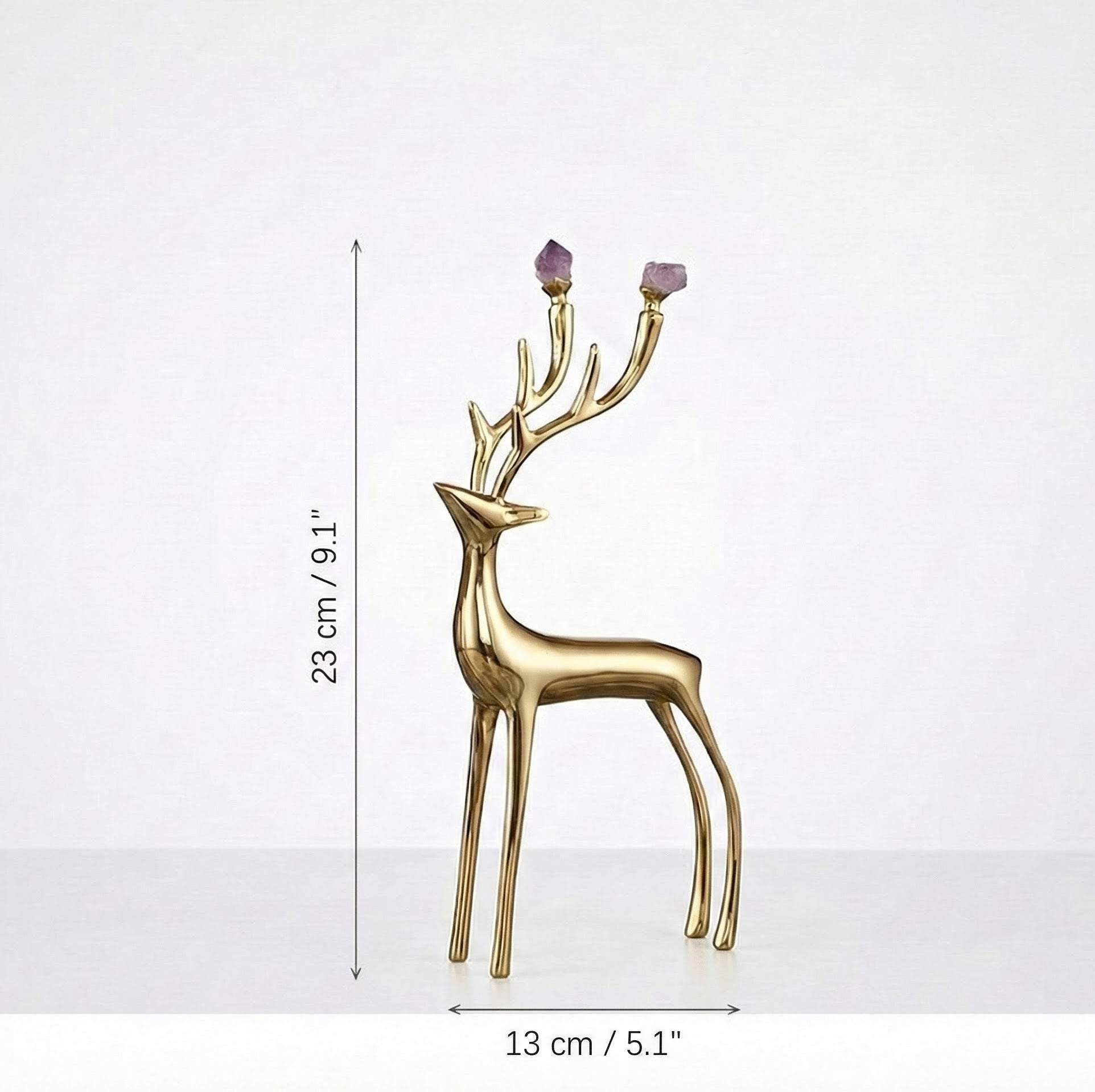 Dimension diagram of the small copper deer statue showing height 23cm and width 13cm