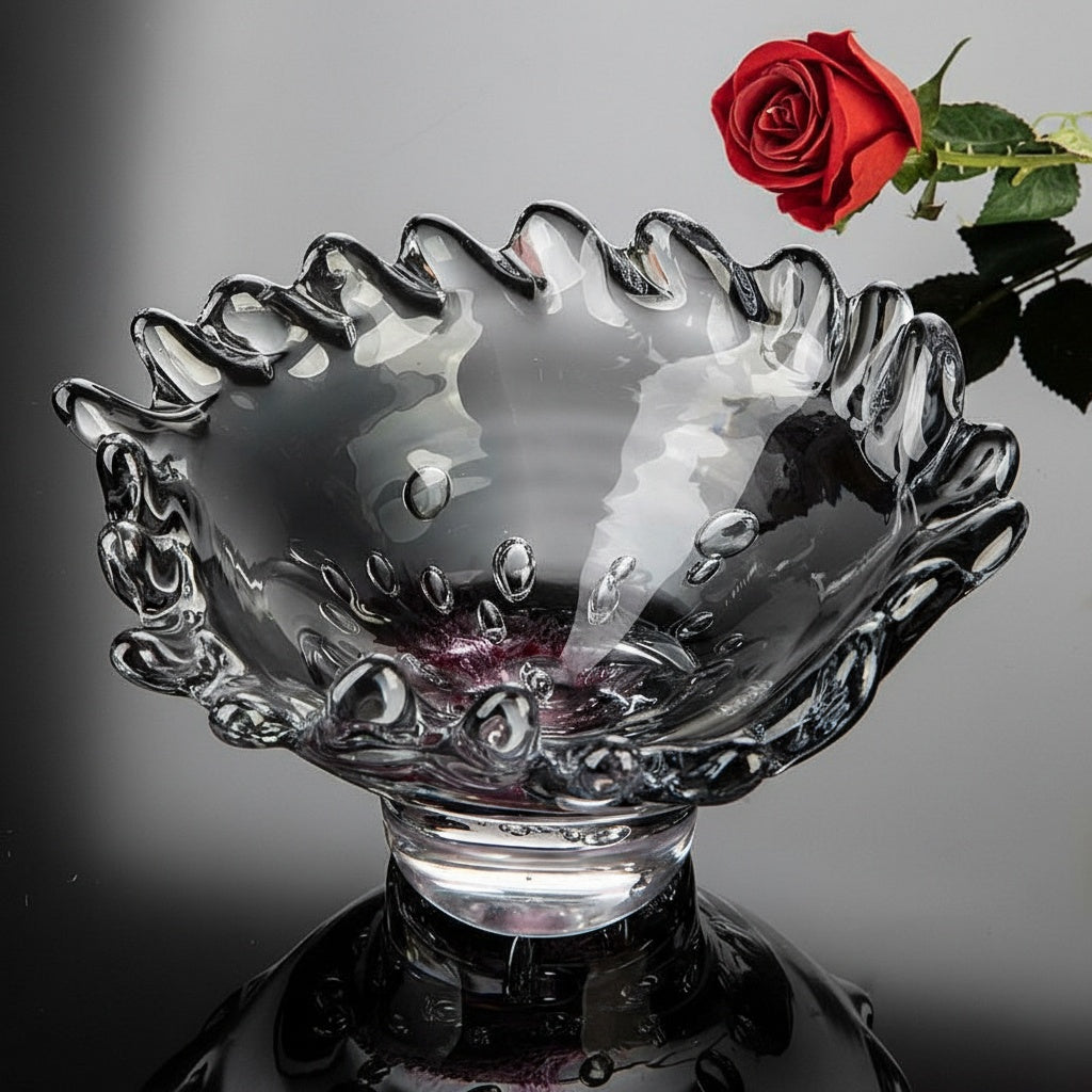Smoke grey art glass bowl with wavy rim side view