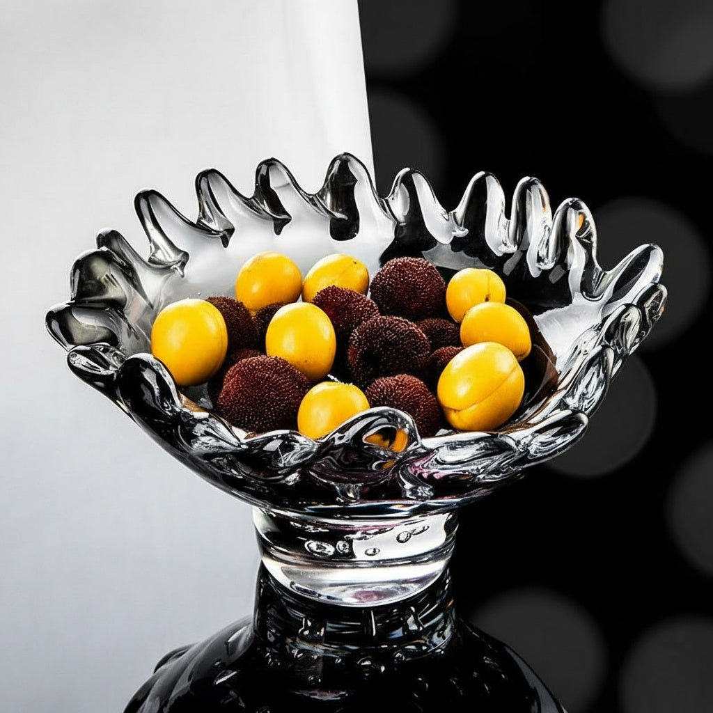 Smoke grey glass pedestal bowl filled with fruit