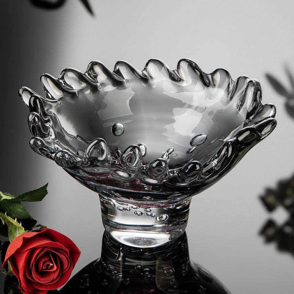 Detail of wavy rim and bubble accents on grey glass bowl