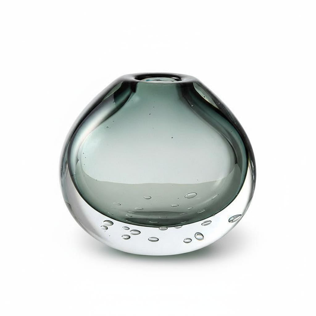 Smoked grey bubble glass vase round shape front view