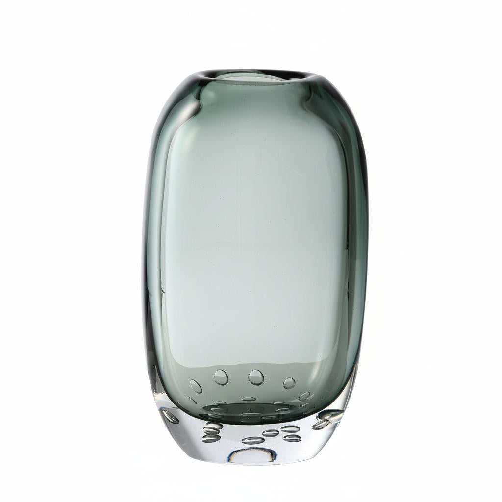 Smoked grey bubble glass vase tall pill shape front view