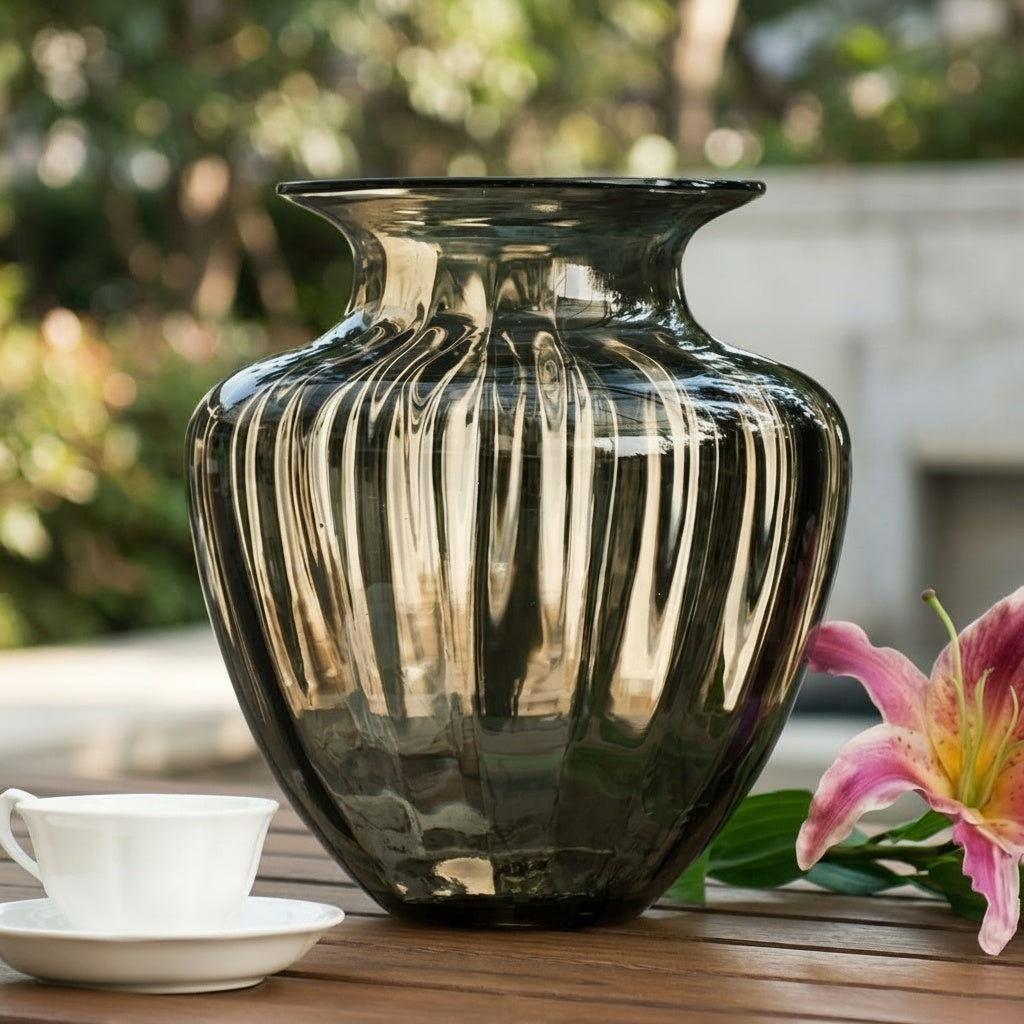 Smoked Fluted Glass Urn Vase