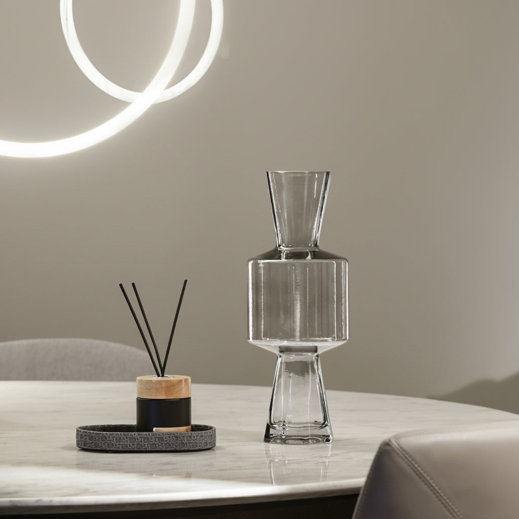 Smoked Glass Geometric Vase on Dining Table