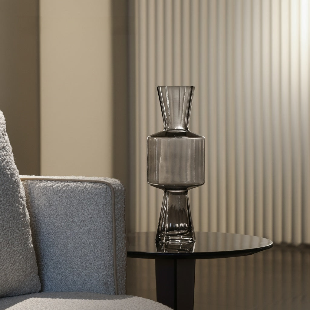 Smoked Glass Geometric Vase Next to Sofa