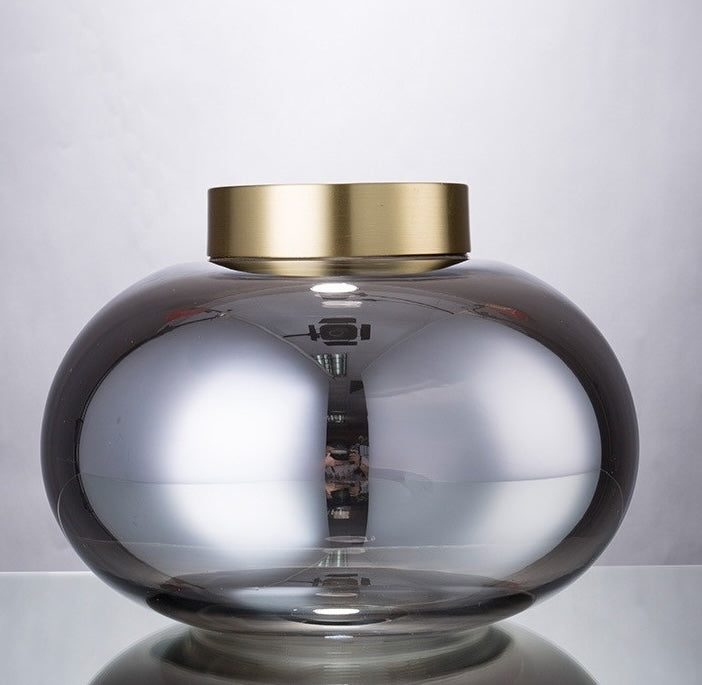 Large smoked grey glass vase with brushed gold neck front view