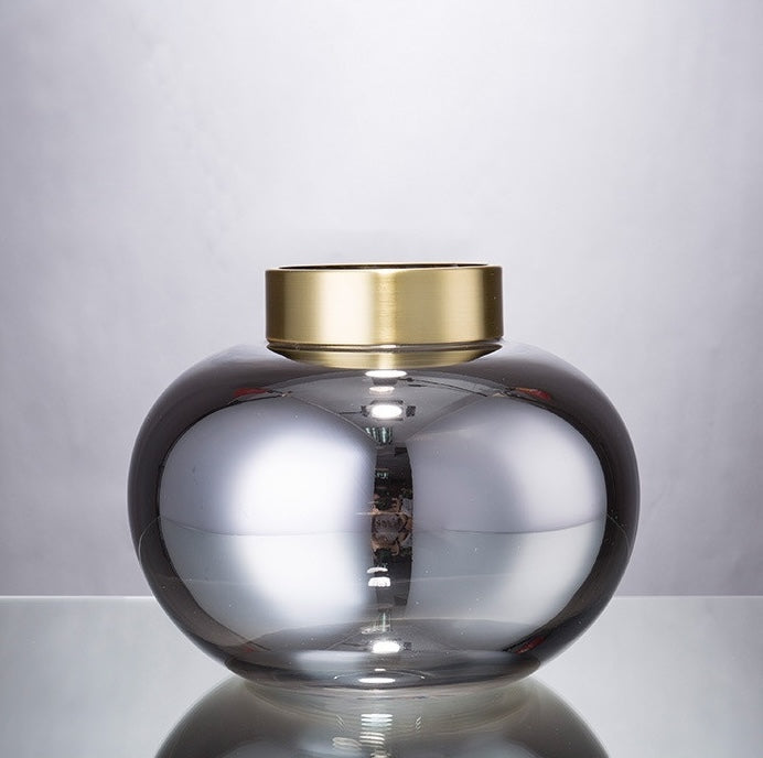 Medium smoked grey glass vase with brushed gold neck front view