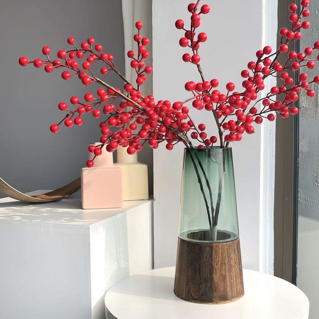 Tapered glass vase with red berries on white table