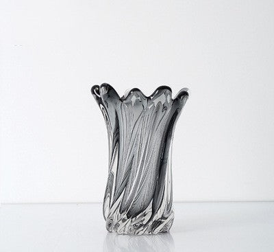 Single large smoked grey glass vase showing swirl pattern
