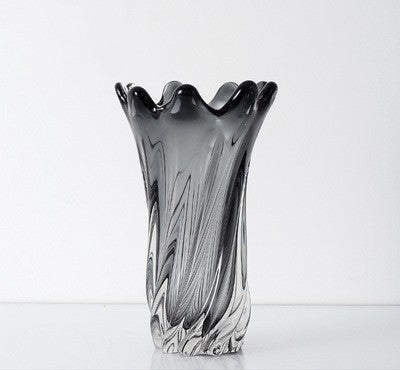 Front view of large grey art glass vase