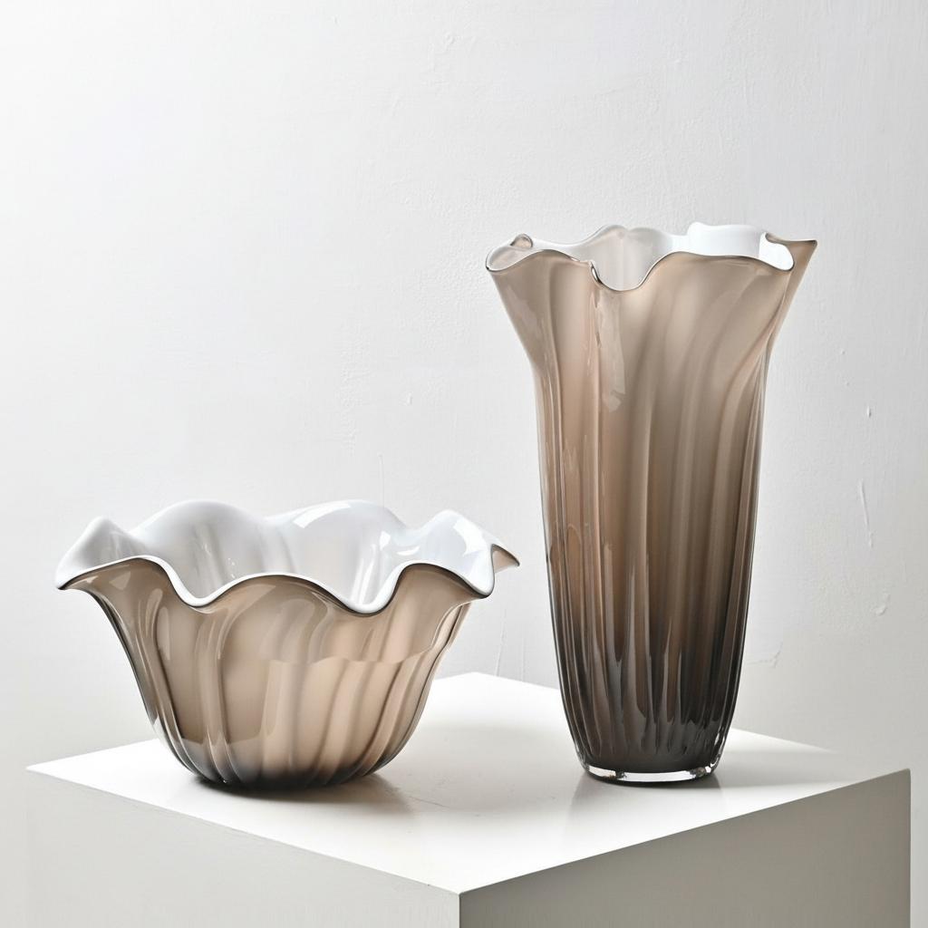 Group shot of smoked grey and white fluted glass vase and bowl with ruffled rims