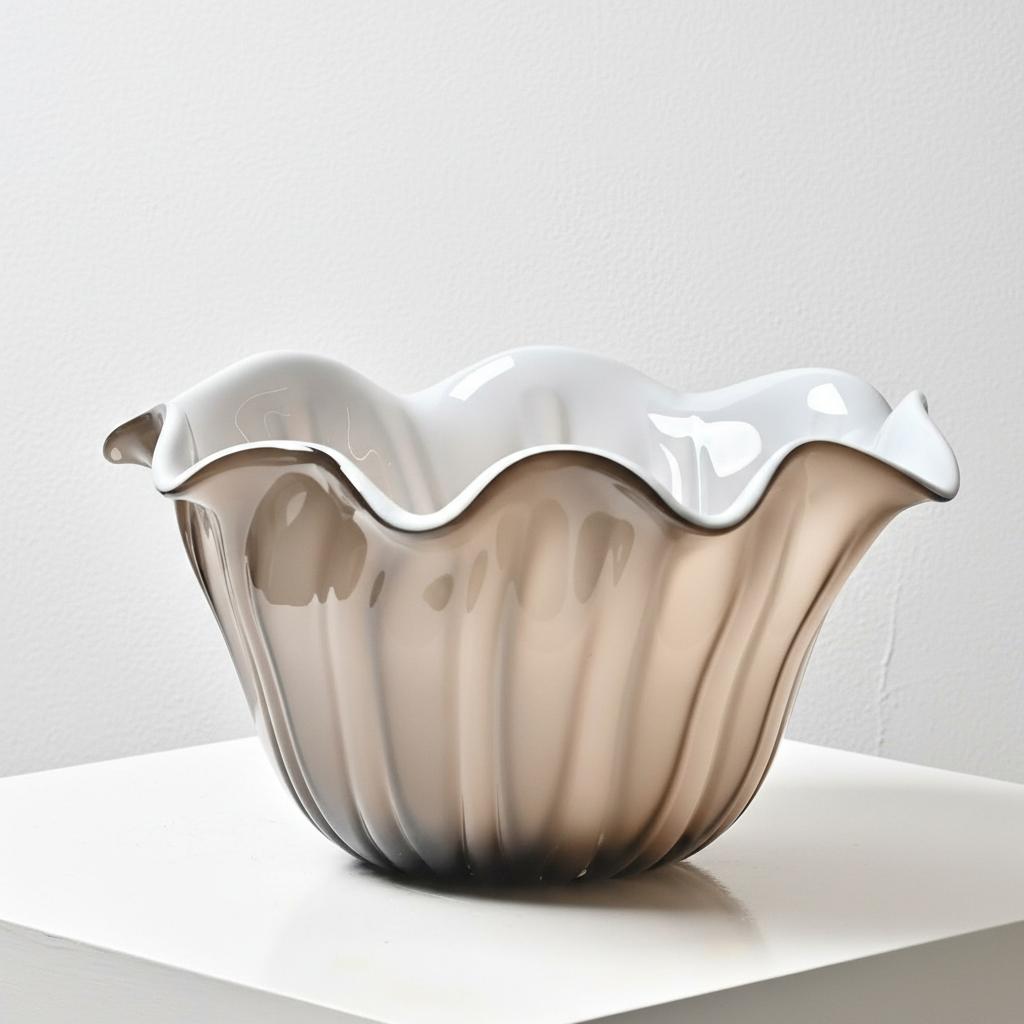 Close up of medium smoked grey fluted glass bowl with white interior