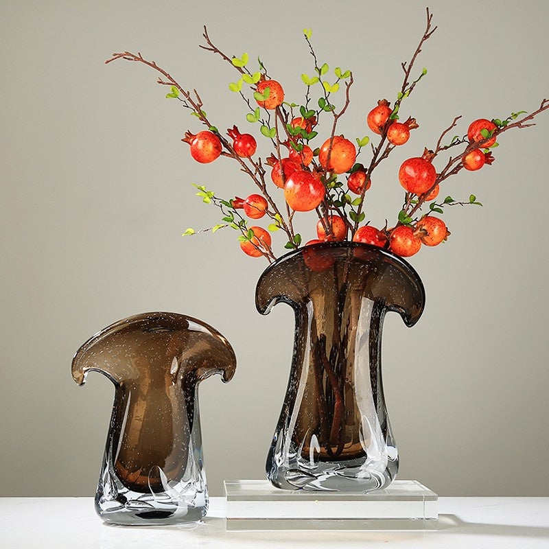 Large and medium smoky glass vases with pomegranate stems