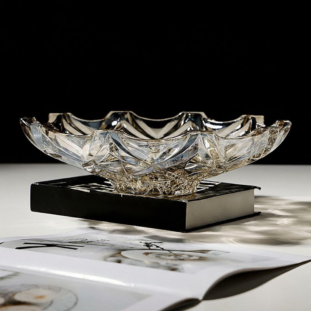 Side profile of geometric faceted glass bowl on book