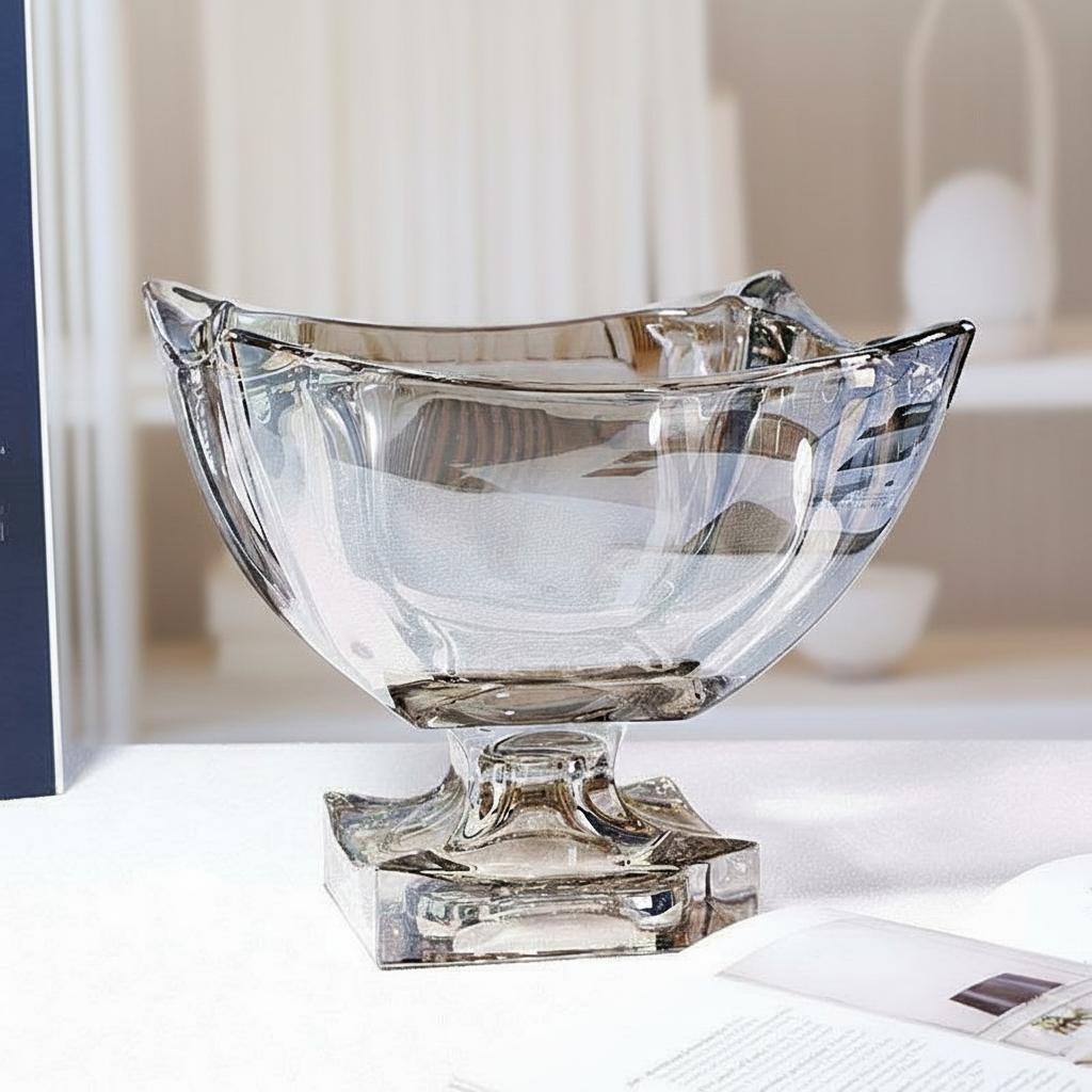 Smoky crystal glass footed bowl front view