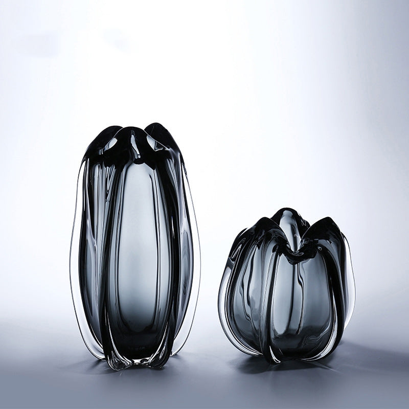 Pair of smoky grey ribbed glass vases in large and medium sizes