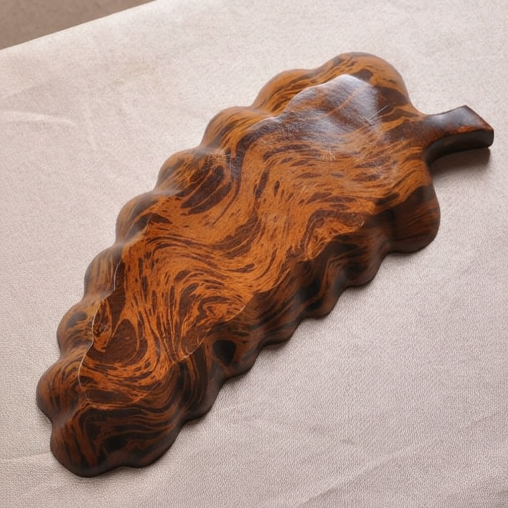 Reverse side of carved wood leaf tray showing organic texture and finish
