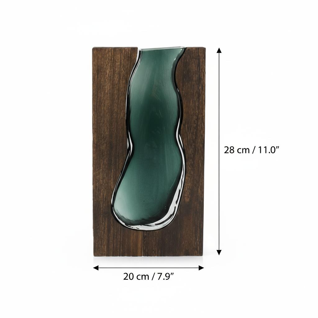 Close up of tall rectangular wood vase with teal glass insert