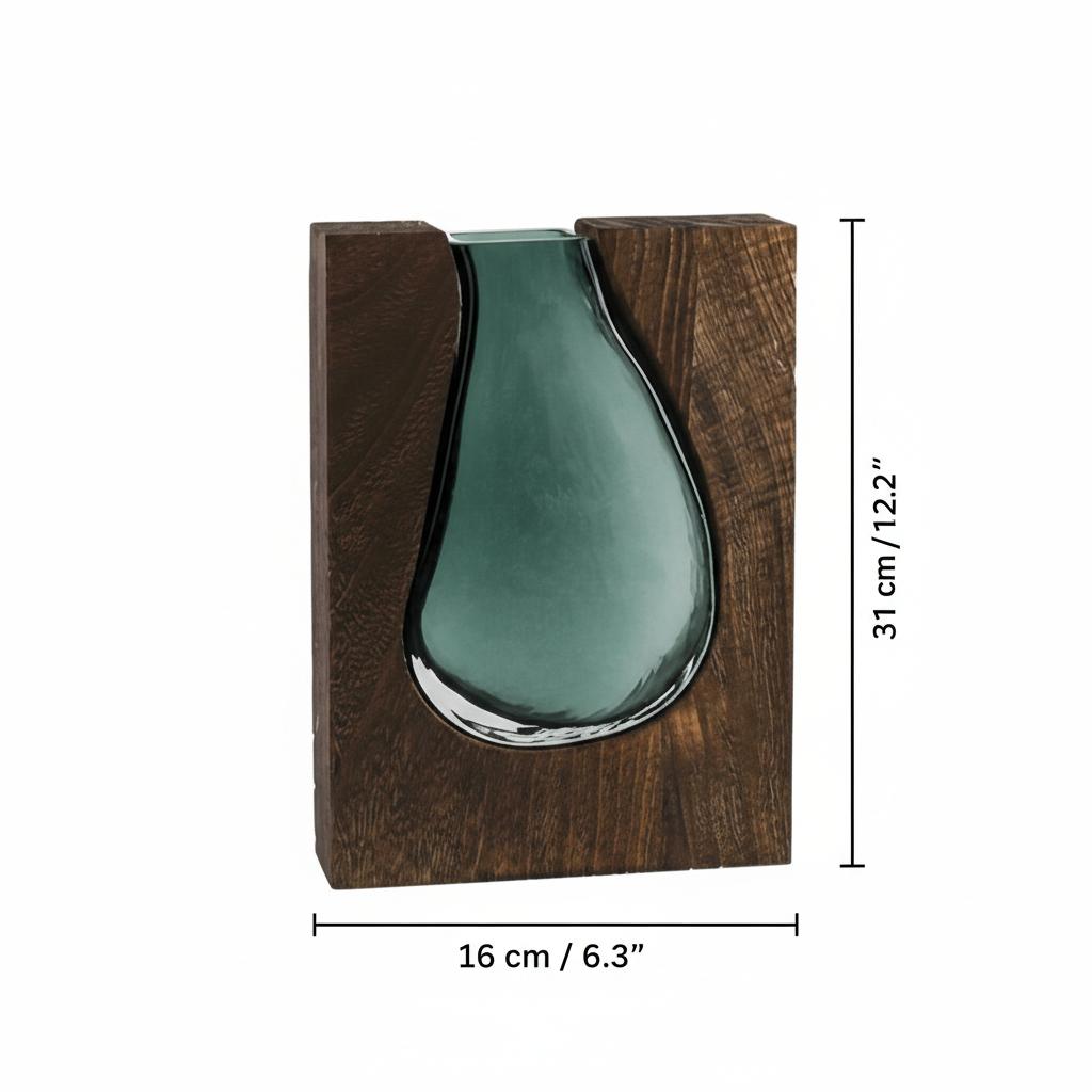 Tall wood and glass vase with dimensions displayed