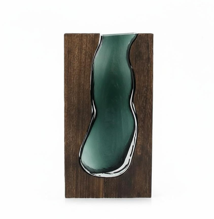 Close up of medium rectangular wood vase with organic glass shape