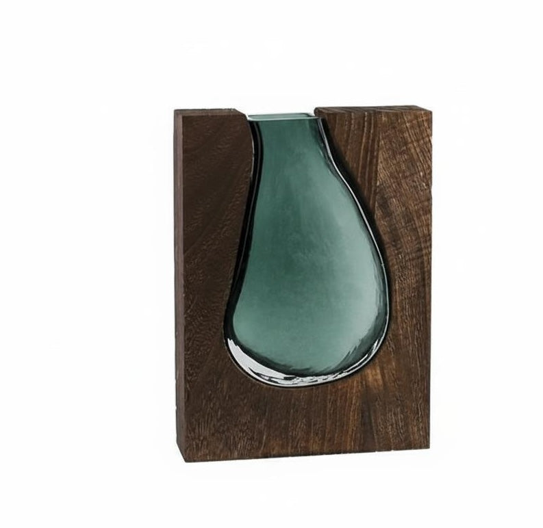 Medium solid wood vase with molten teal glass isolated
