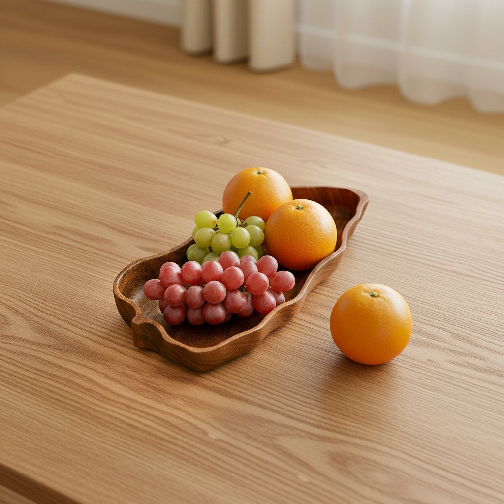 Wavy wooden fruit tray with grapes and oranges