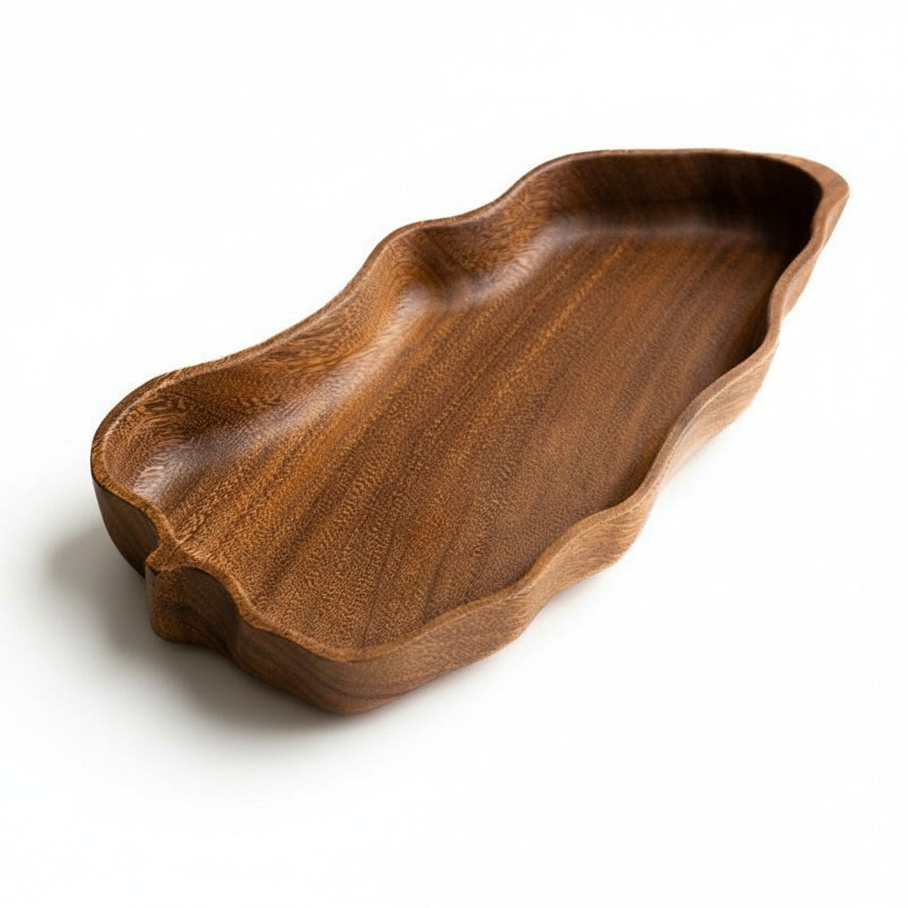 Empty solid wood wavy serving tray showing natural grain