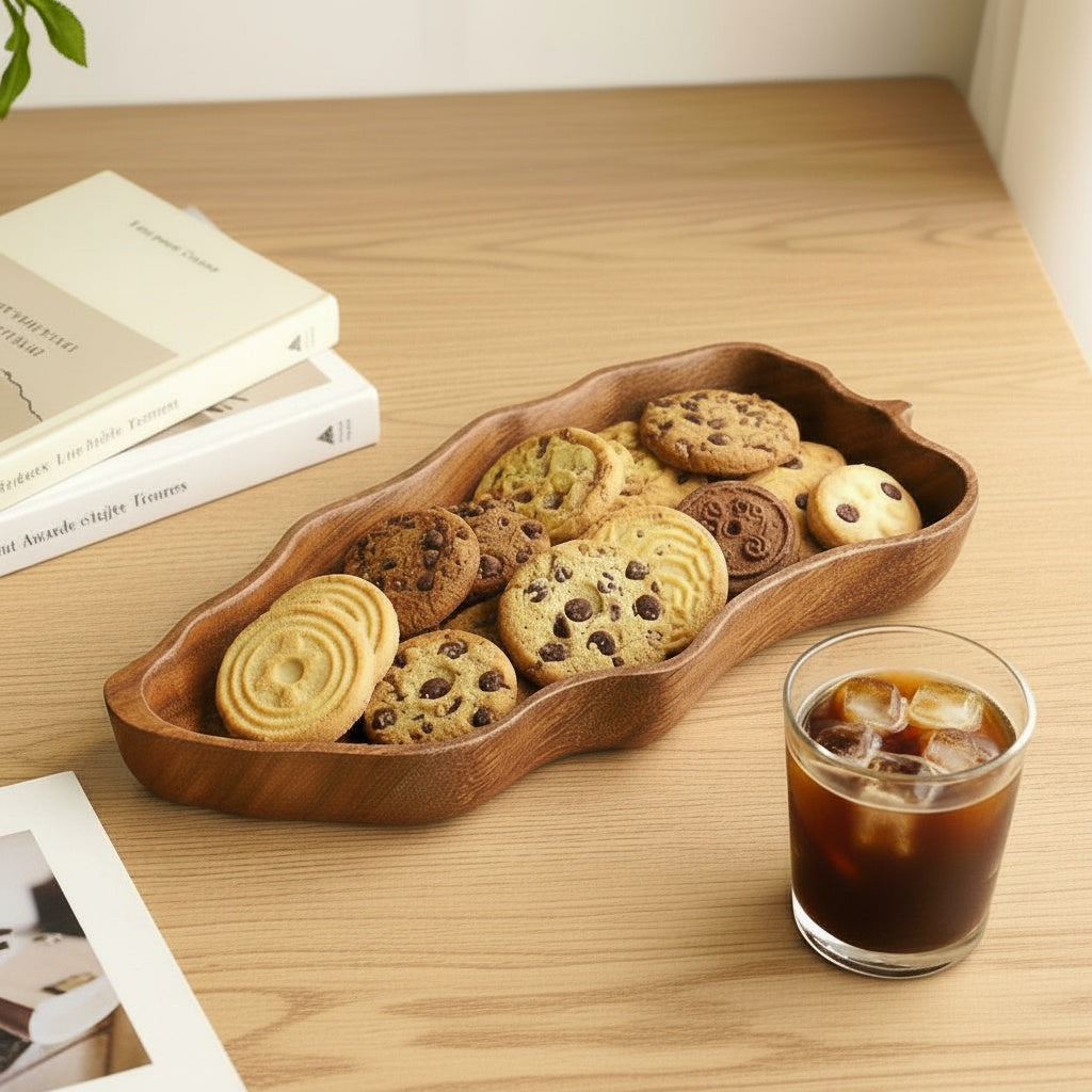 Wooden organic shape serving tray with cookies and iced coffee