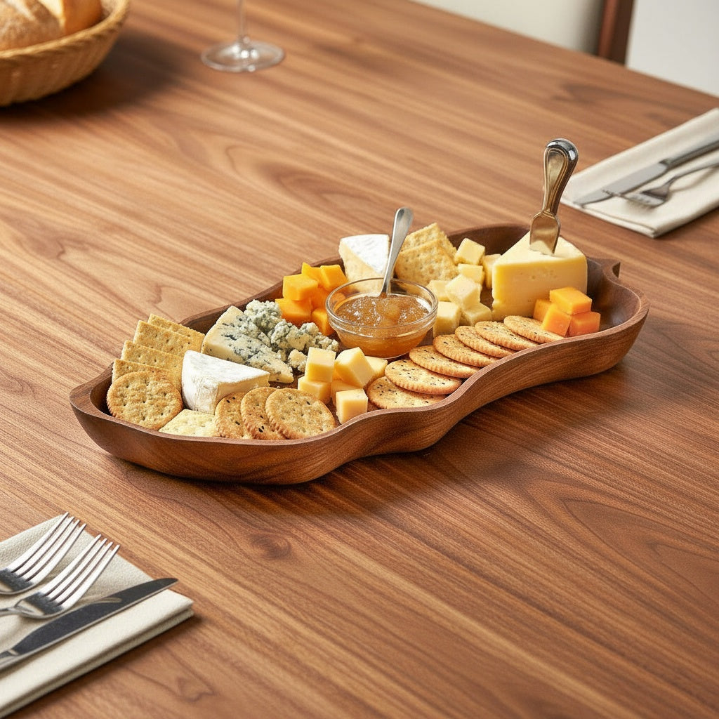 Solid wood wavy serving tray used as a cheese and charcuterie board