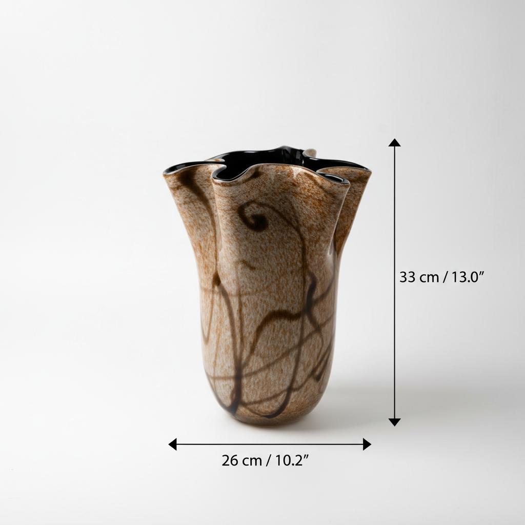 Dimensions of amber glass vase showing 33cm height and 26cm width