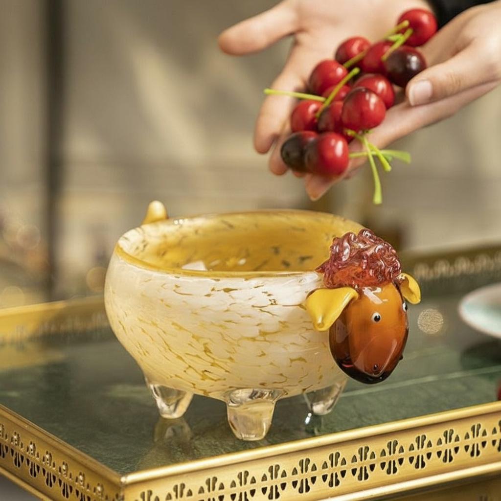 Glass sheep bowl being filled with cherries