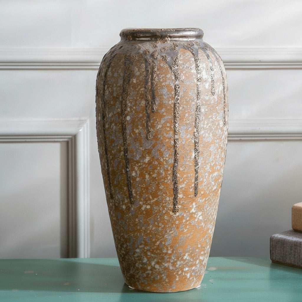 Speckled amber glazed tall ceramic vase front view