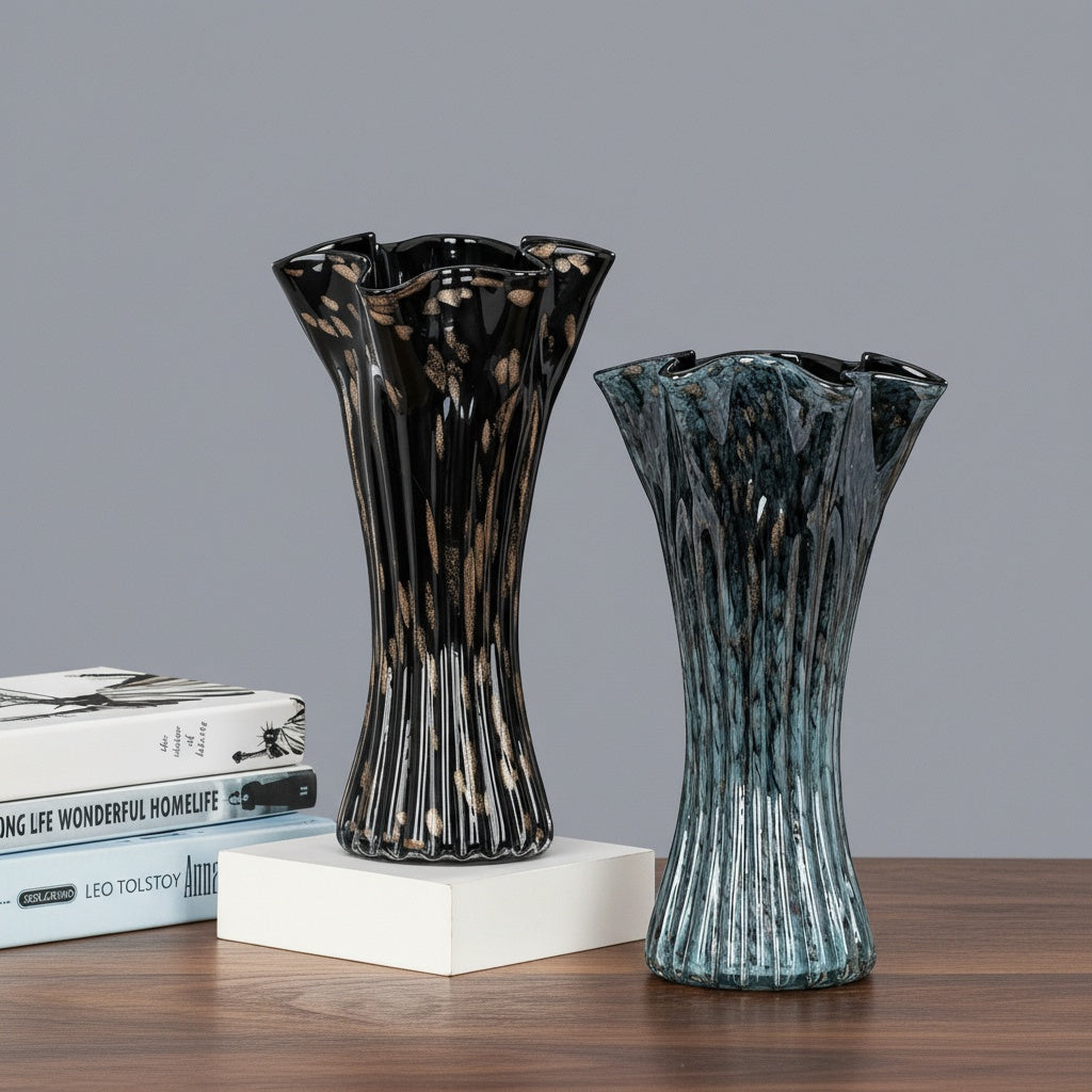 Group shot of black and blue speckled art glass vases