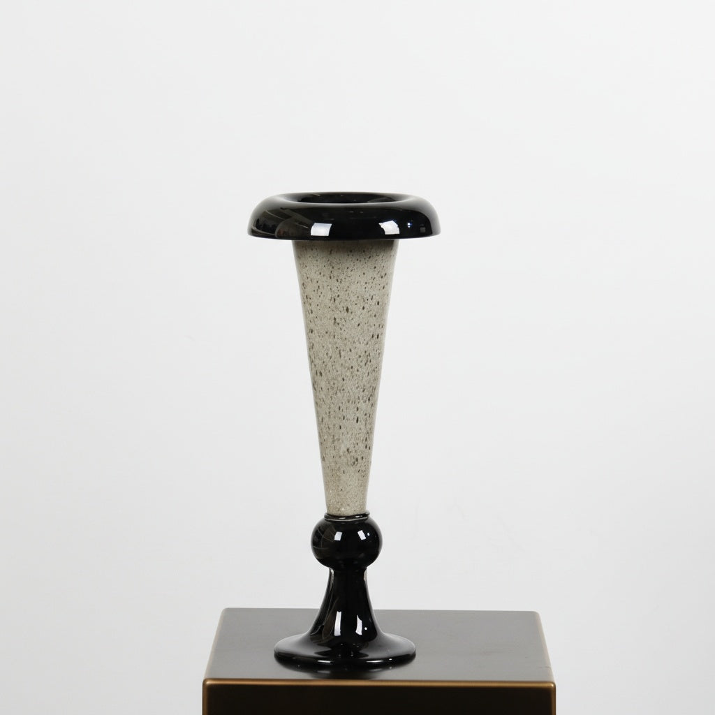 Large speckled beige glass trumpet vase with black detailing