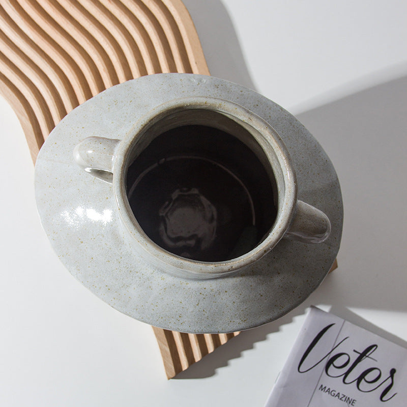 Top down view showing dark glazed interior and handles