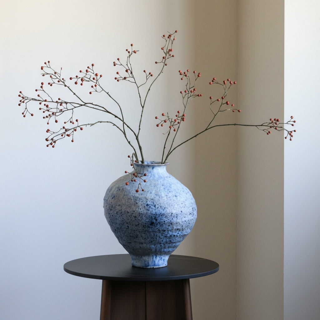 Blue ceramic vase holding red berry branches