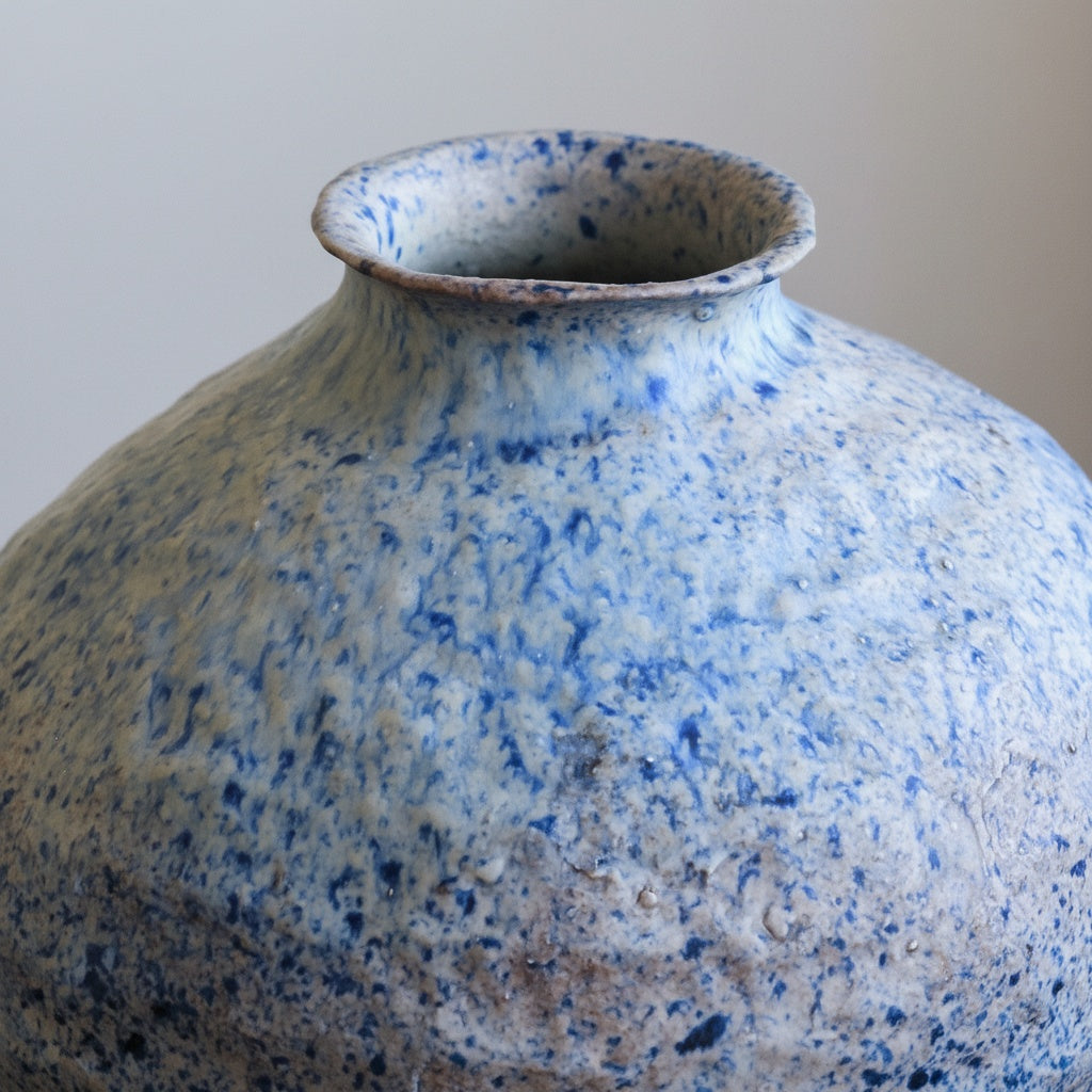 Close up detail of blue speckled glaze texture