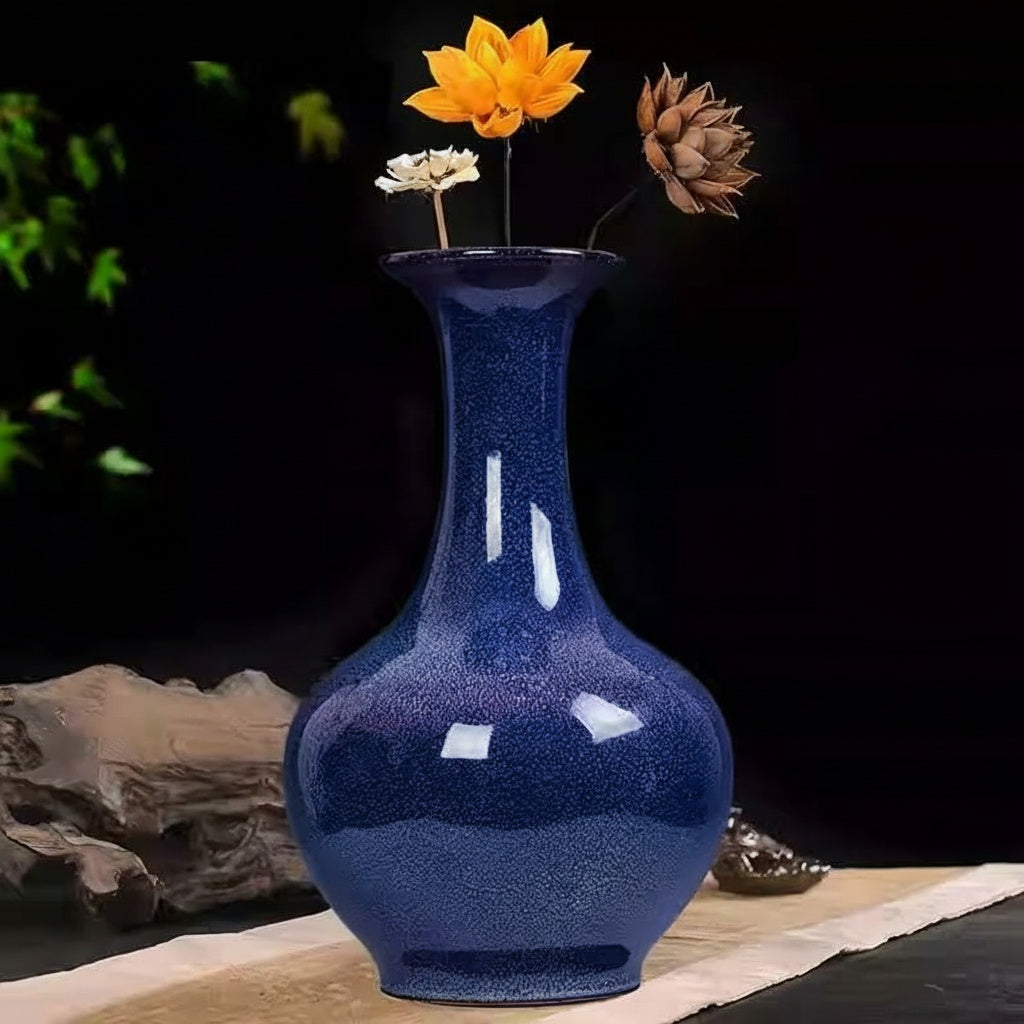 Speckled Blue Ceramic Flared Vase with Flowers